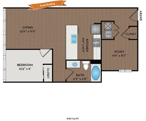 Floor plan for 1 bed, 1 bath, 925 sqft